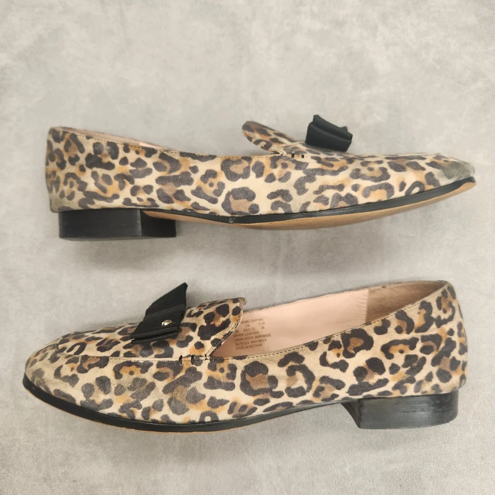 Kate Spade Loafers 8.5 Leopard Tan Leather Daphne Black Bow Logo Animal Print